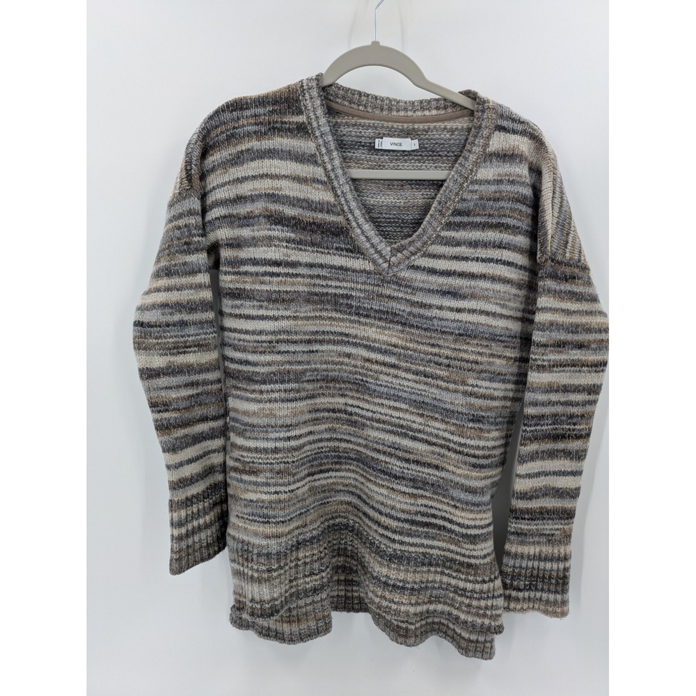Vince Sweater Women's Size Medium Gray Brown Striped V-Neck Knit Wool Silk Blend - Picture 2 of 7